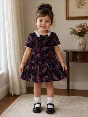 Baby Togs Vintage Velvet Floral Paisley Lace Collar Dress Toddler 3T